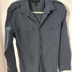 INC International Concepts Navy and White Check Long-Sleeve Button-Up Shirt